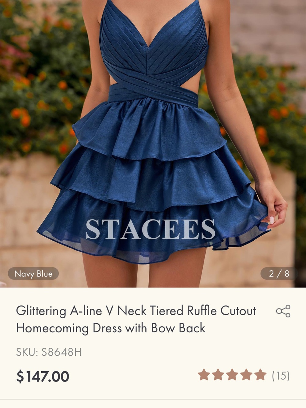 Stacees Navy Blue V-Neck Tiered Ruffle Mini Dress
